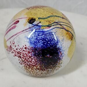 VTG Earl O James Paperweight 3" Blue Gold Flecks Handblown Art Glass Signed '99
